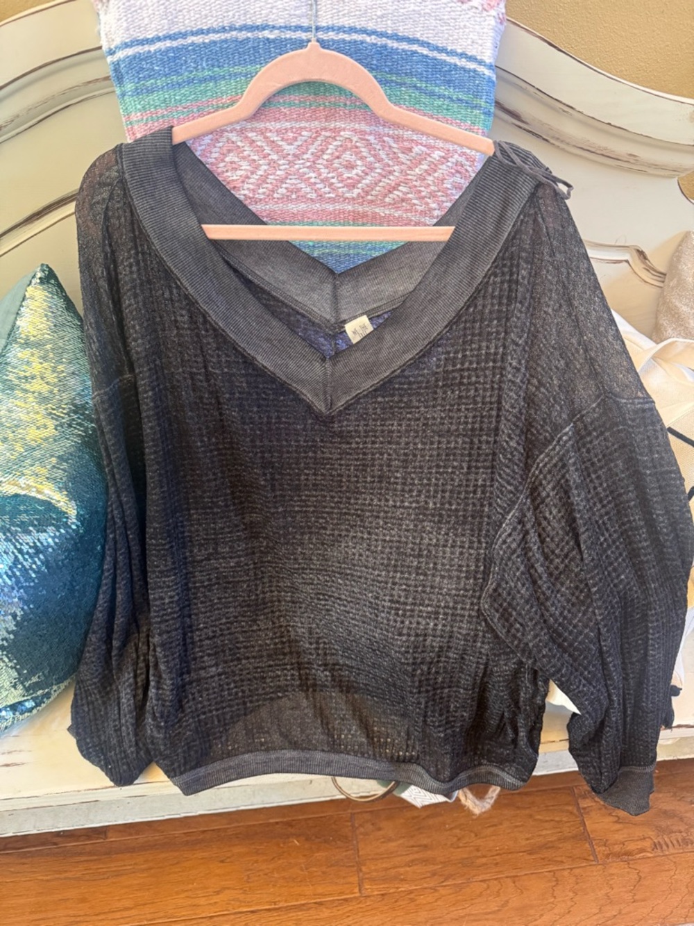 We The Free Charcoal Black Oversized V-Neck Waffle Knit Sweater